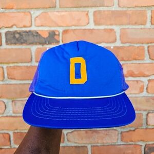 Vintage Blue Trucker Mesh Snapback Hat | "D" Yellow Velour Patch | YR London |